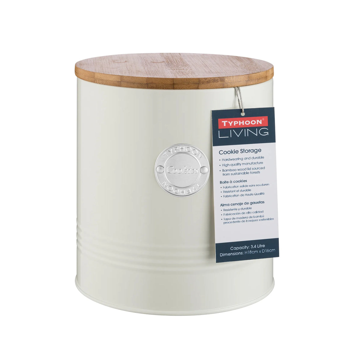 Durable Typhoon Living Cream Cookie Storage made of coated steel with a wooden bamboo lid for airtight sealing.