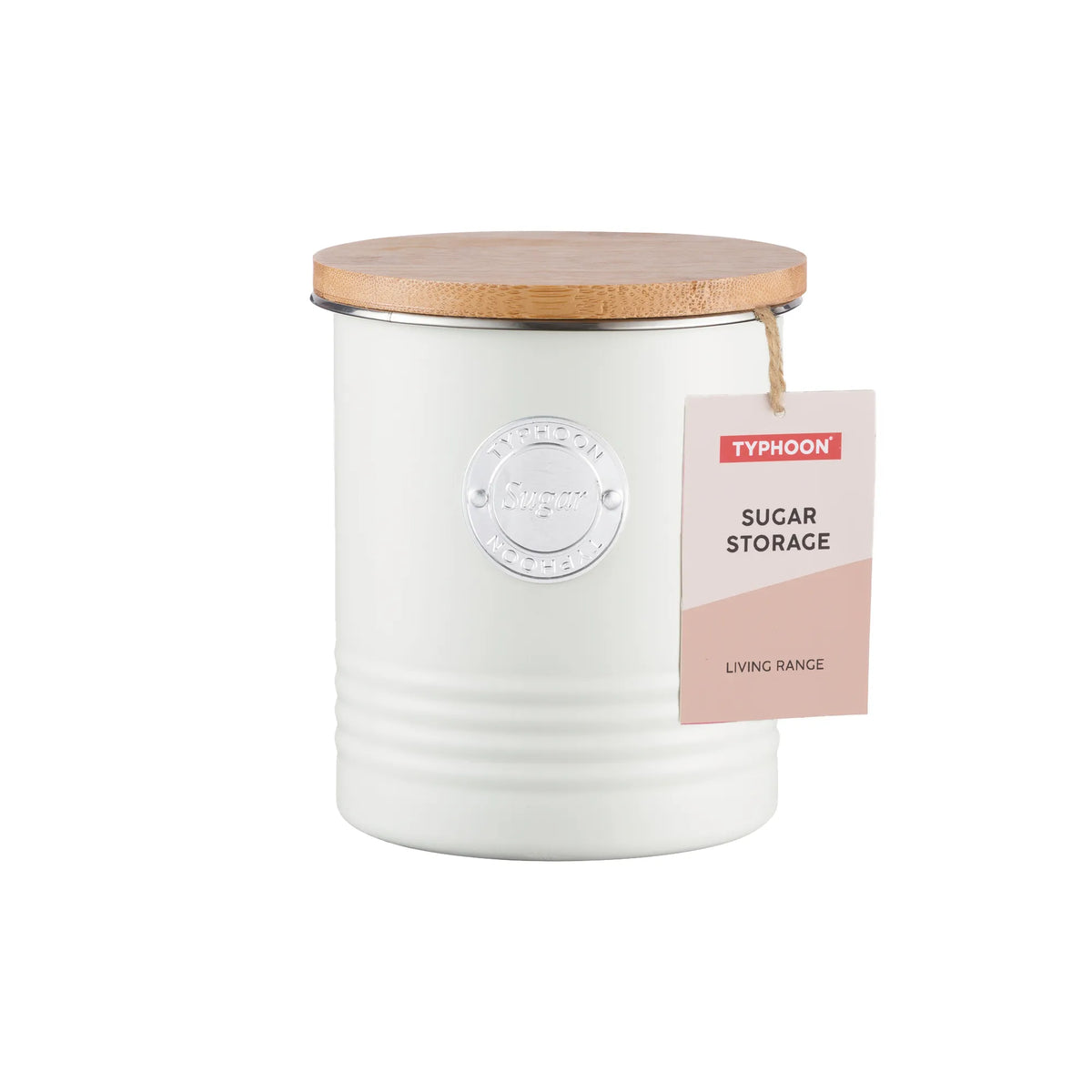 Typhoon Living Sugar Canister Cream 1 Litre - An elegant cream storage canister featuring a silver 'sugar' badge and a sustainable bamboo lid for kitchen storage.