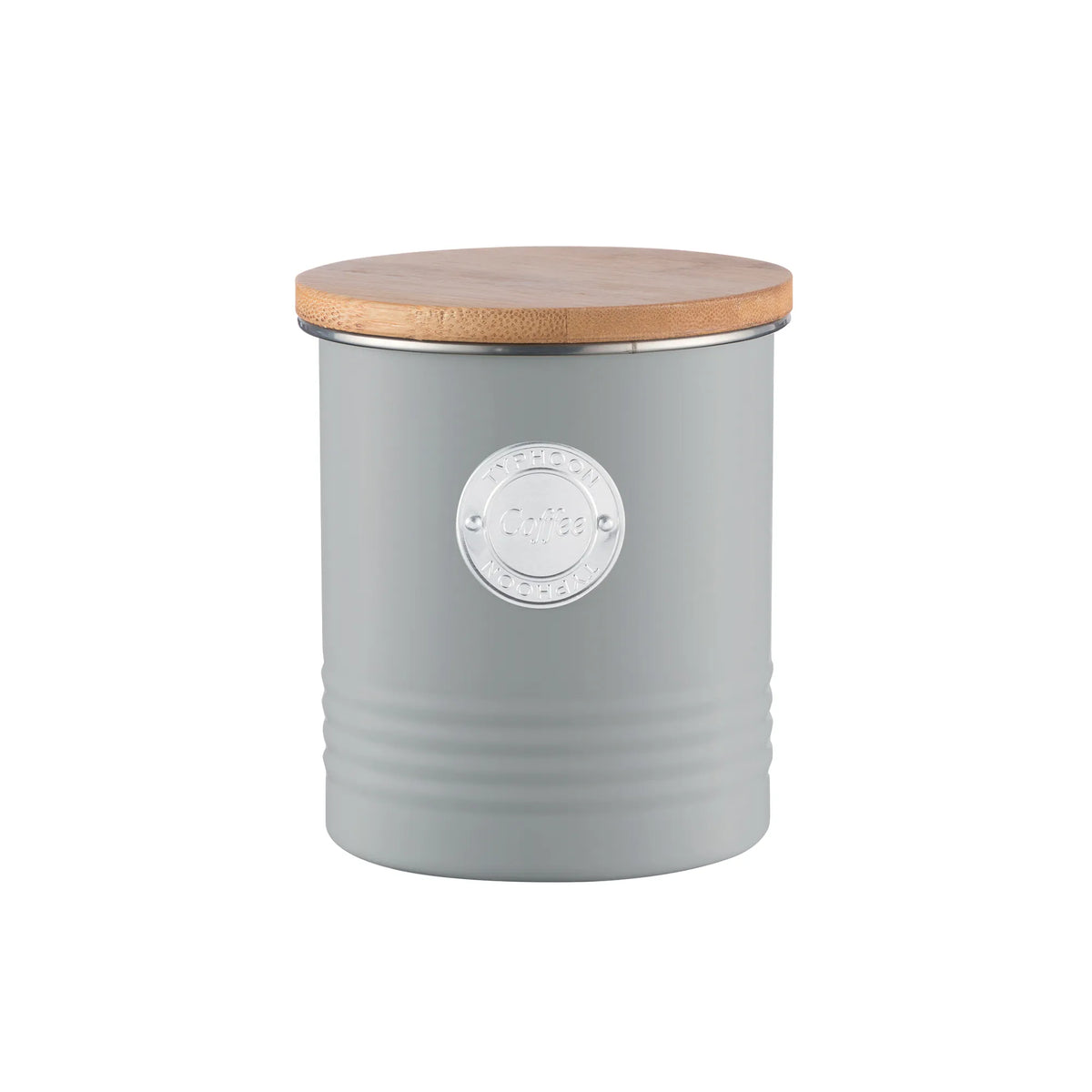 A side view of the Typhoon Living Grey Coffee Storage demonstrating its airtight seal.