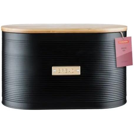 Black metal bread bin from the Typhoon Otto Kitchen Storage Canister Set with a bamboo lid, perfect for modern kitchen storage solutions.