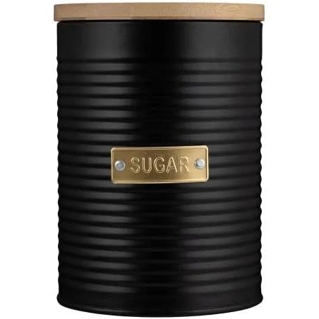 Sugar canister from the Typhoon Otto Kitchen Storage Canister Set, crafted in black metal with a bamboo lid, enhancing any kitchen's storage options.
