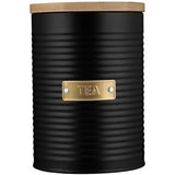 Tea canister from the Typhoon Otto Kitchen Storage Canister Set, featuring a sleek black metal design and bamboo lid, ideal for kitchen storage.