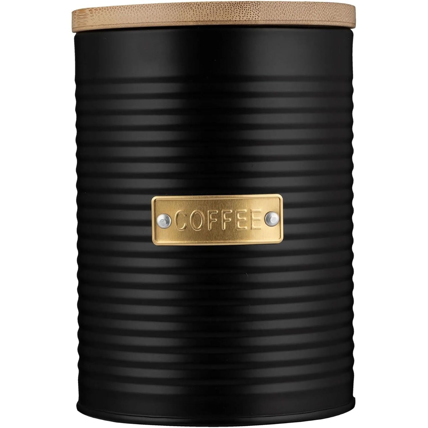 Coffee canister from the Typhoon Otto Kitchen Storage Canister Set, offering durable black metal construction with a bamboo lid for elegant kitchen storage.