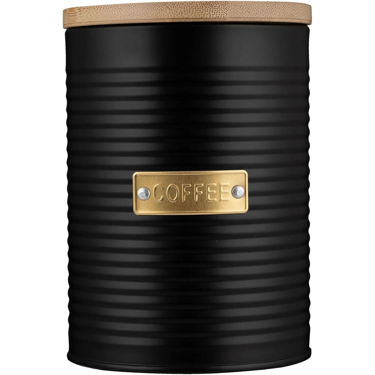 Coffee canister from the Typhoon Otto Kitchen Storage Canister Set, offering durable black metal construction with a bamboo lid for elegant kitchen storage.