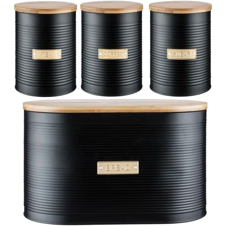 Typhoon Otto Kitchen Storage Canister Set featuring black metal canisters with bamboo lids for tea, coffee, and sugar alongside a black bread bin, showcasing a stylish kitchen storage canister set.