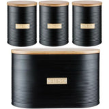 Typhoon Otto Kitchen Storage Canister Set featuring black metal canisters with bamboo lids for tea, coffee, and sugar alongside a black bread bin, showcasing a stylish kitchen storage canister set.