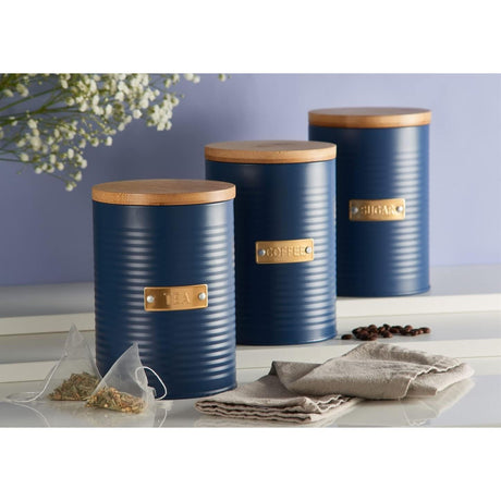 Stylish Typhoon Otto Navy Tea, Coffee, Sugar Storage canisters arranged on a countertop, showcasing their modern design and functionality.