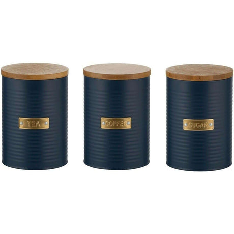 Typhoon Otto Navy Tea, Coffee, Sugar Storage canisters with bamboo lids, elegantly labelled for organizing your kitchen essentials.