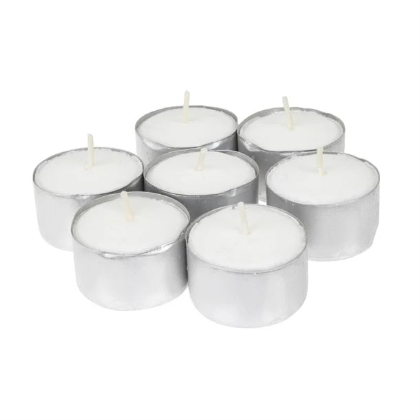 Close-up of unscented tealight candles showcased for elegant ambiance, perfect for any occasion.
