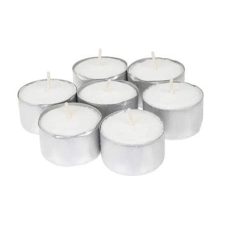 Close-up of unscented tealight candles showcased for elegant ambiance, perfect for any occasion.