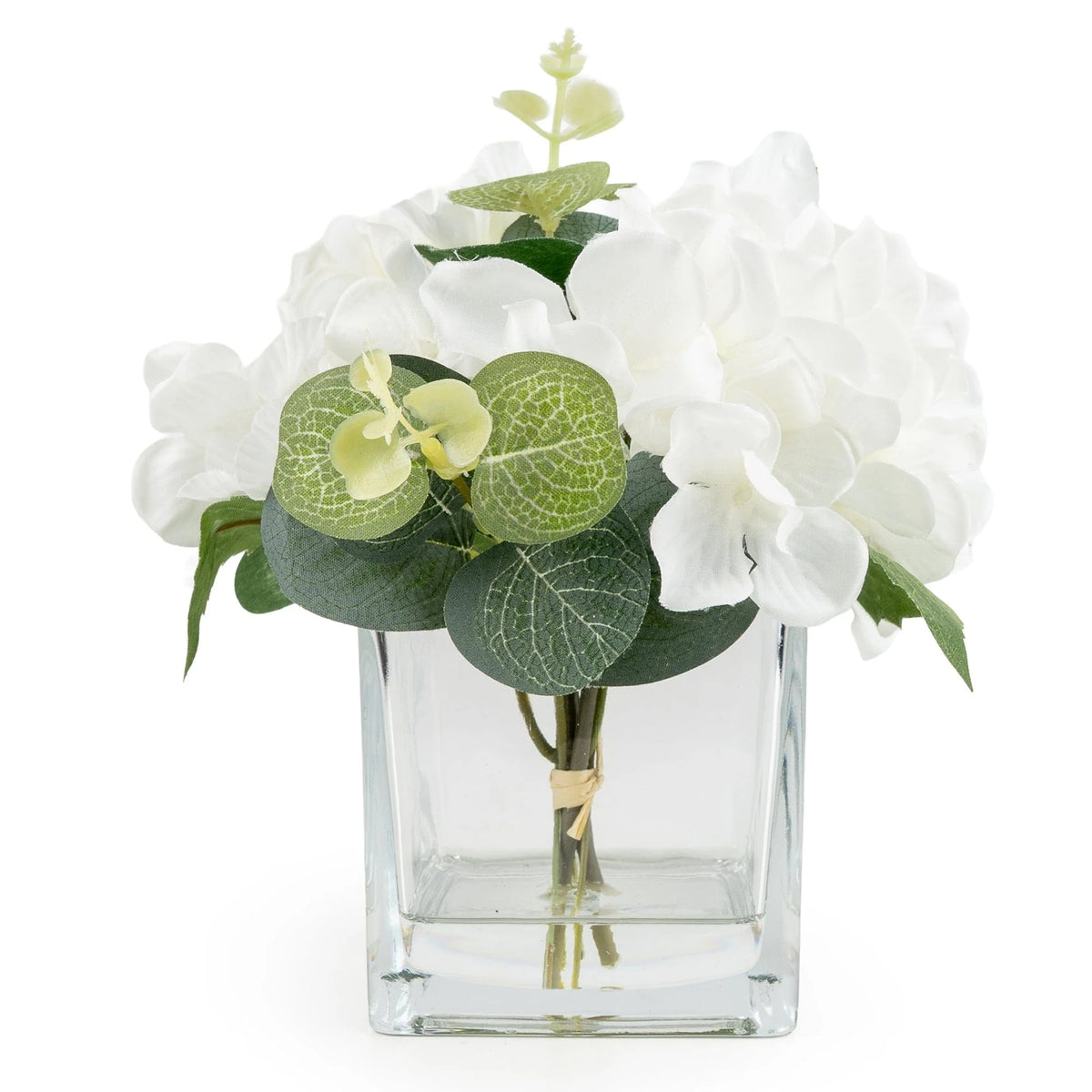 White Hydrangeas in Square Vase – 17cm Hydrangea Flower Arrangement