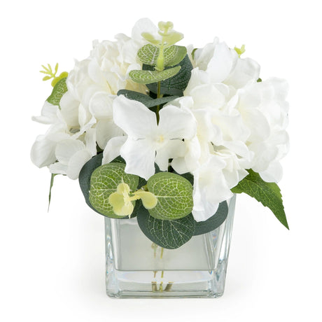 White Hydrangeas in Square Vase – 17cm Hydrangea Flower Arrangement