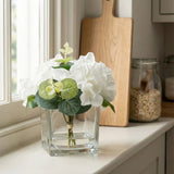 White Hydrangeas in Square Vase – 17cm Hydrangea Flower Arrangement