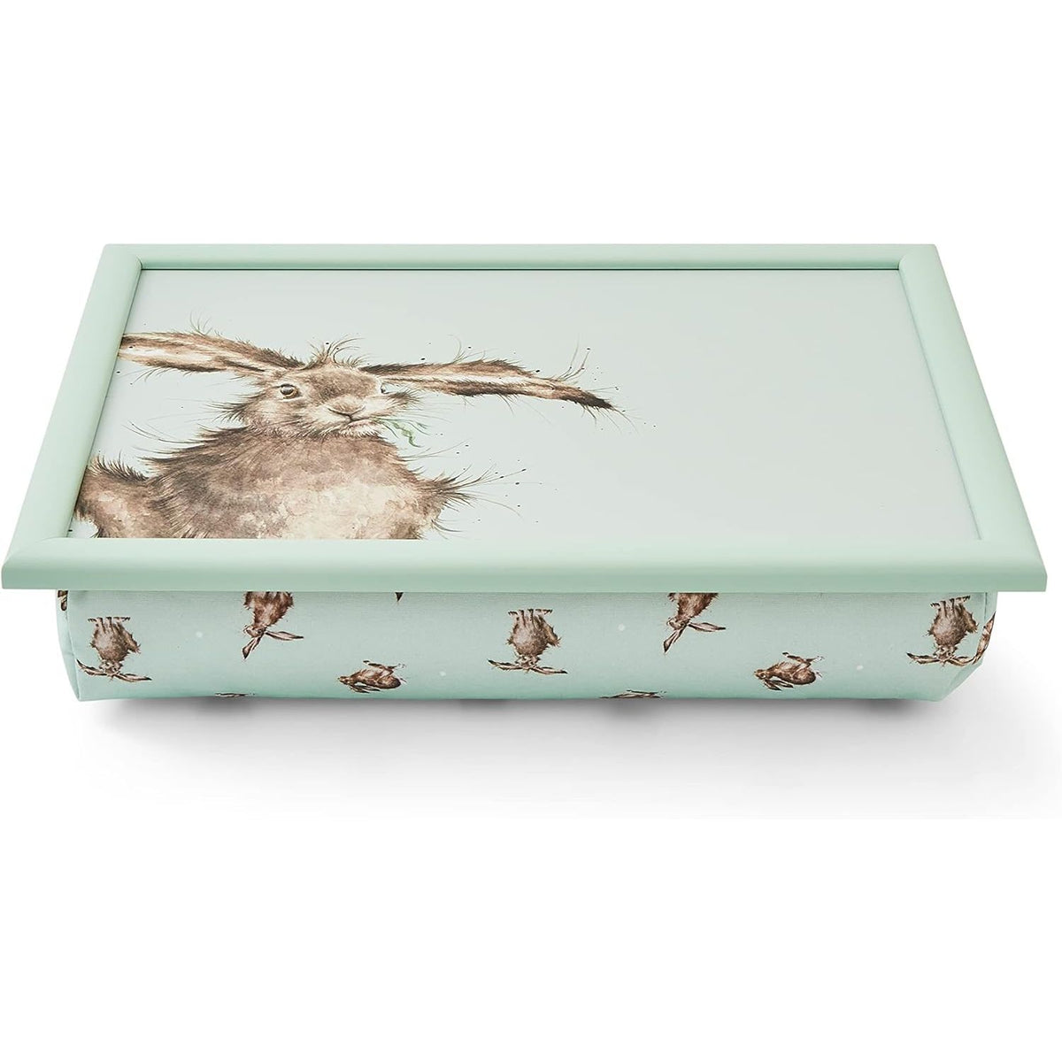Close-up view of the Wrendale Designs Hare Cushioned Lap Tray showcasing the beautiful hare design, ideal for comfy dining.