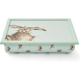 Close-up view of the Wrendale Designs Hare Cushioned Lap Tray showcasing the beautiful hare design, ideal for comfy dining.