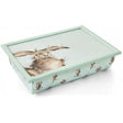 Wrendale Designs Hare Cushioned Lap Tray featuring elegant hare artwork in a charming style, perfect for enjoying meals on the sofa.