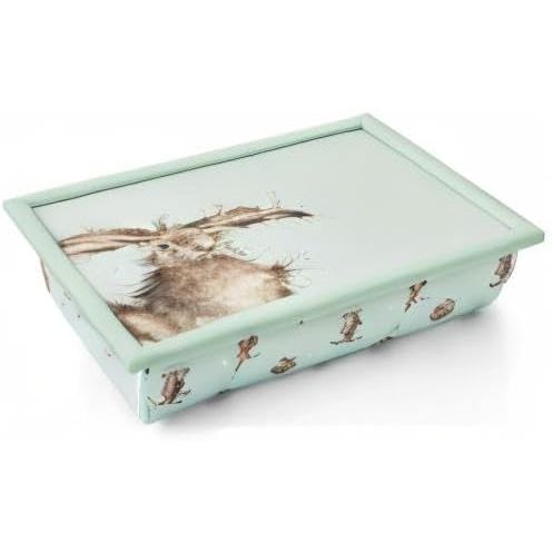 Wrendale Designs Hare Cushioned Lap Tray featuring elegant hare artwork in a charming style, perfect for enjoying meals on the sofa.