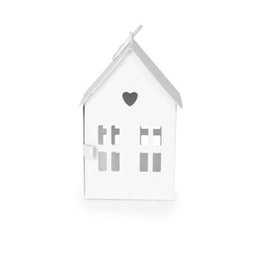 Small White Townhouse Lantern showcasing its classic design and heart-shaped cut out, perfect for adding charm to any space.