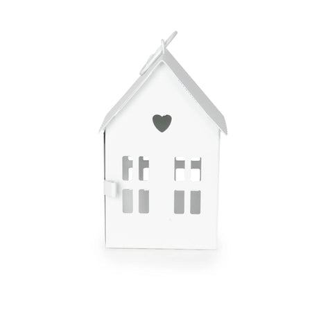 Charming White Townhouse Lantern - 14cm Metal Design with Heart Cut-Out for Candles - Home Deco London