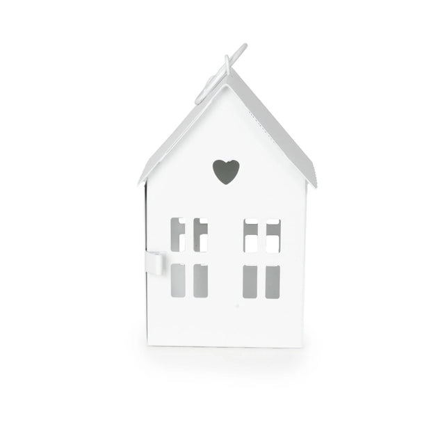 Small White Townhouse Lantern showcasing its classic design and heart-shaped cut out, perfect for adding charm to any space.