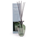 Green diffuser bottle with reeds and packaging labeled 'Greenhouse Bloom' on a white background