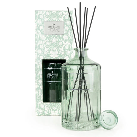 Jeff Barnes Home reed diffuser set featuring a clear pale green glass bottle with black reeds, shown alongside its patterned green and white box and a detached glass cap on a white background.