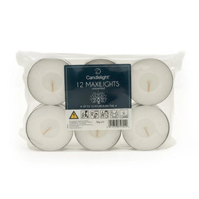 12 Unscented Maxilights - maxi tealights pack for warm and steady glow.
