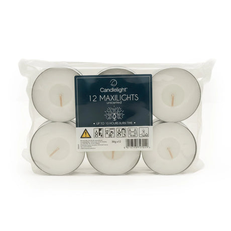 12 Unscented Maxilights - maxi tealights pack for warm and steady glow.