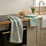 Jeff Banks Set of 2 Printed Tea Towels - Elegant Floral Jacquard in Sage Green - Home Deco London