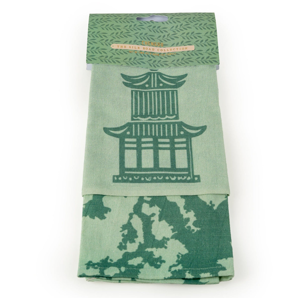 Kitchen Tea Towels Set of 2 with- Chengdu Collection with Pagoda & Landscape Designs in Jade Palette - Home Deco London