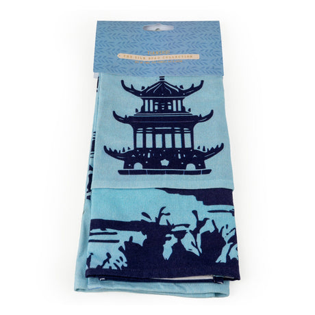 Kitchen Tea Towels Set of 2 with Tianshui Blue Pagoda Design - Home Deco London
