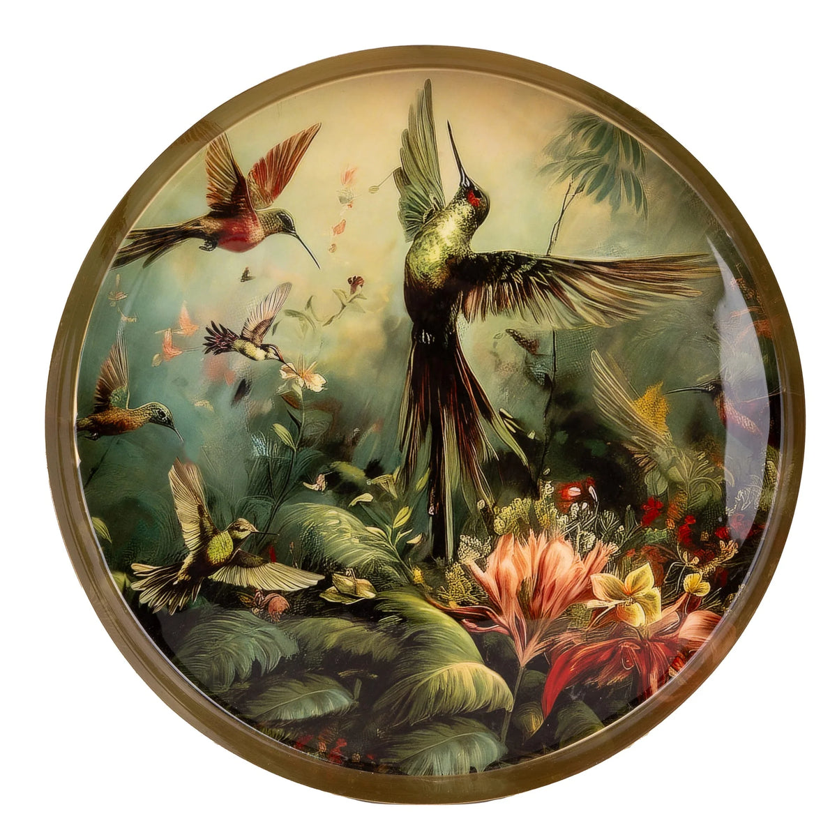 Brushed Metal Round Tray with Hummingbird Design
