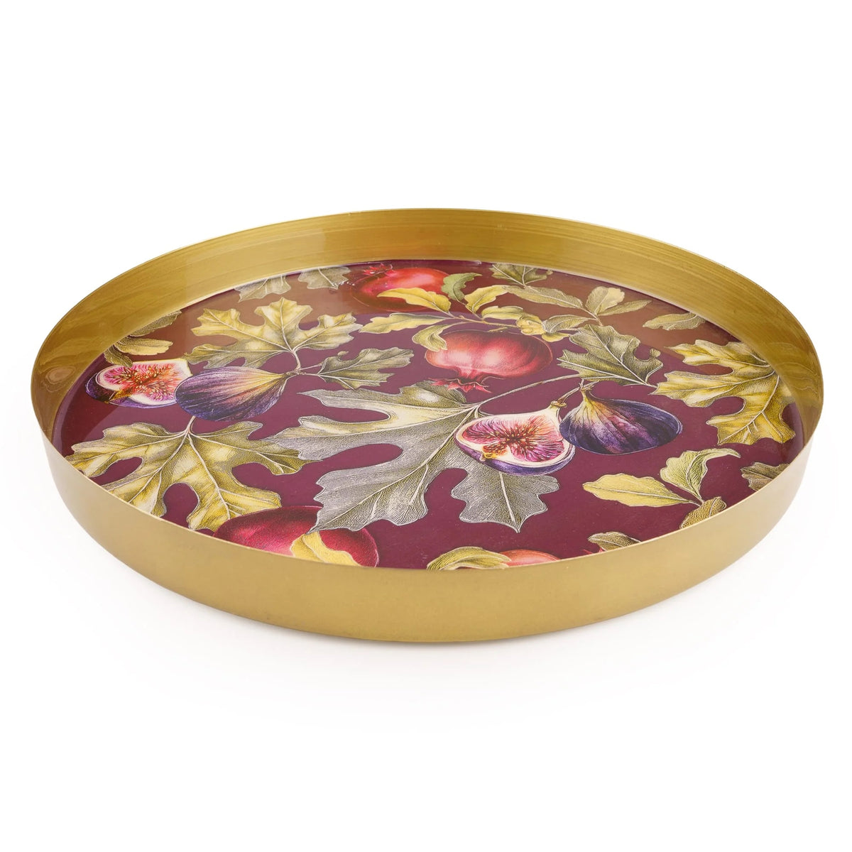 Gold Metal Round Tray Fig & Pomegranate Design