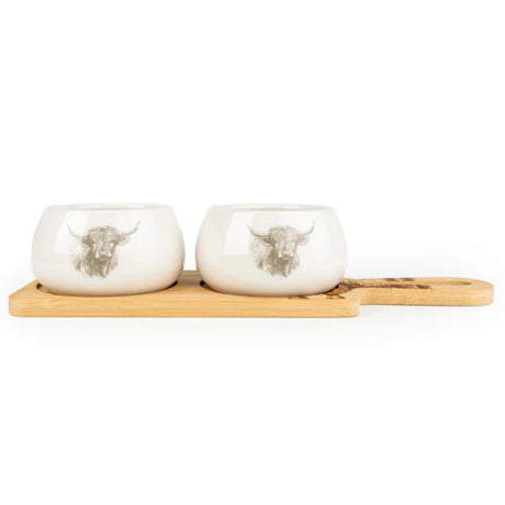 Highland Cow Set of 2 Ceramic Bowls on Bamboo Tray - Home Deco London