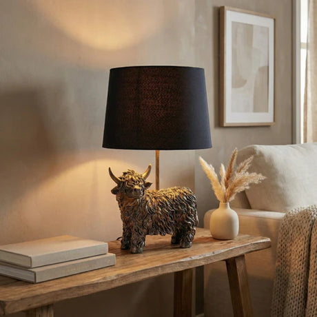 Highland Cow Lamp – Antique Bronze Finish with Black Shade, Rustic Home Decor Lighting - Home Deco London