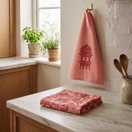 Kitchen Tea Towels Set of 2 with Jhangye, Ornate Pavilion Motifs in Terracotta Pink - Home Deco London