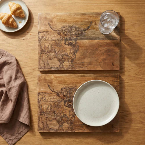 Highland Cow Placemats Set of 2 Solid Rustic Wood - Home Deco London