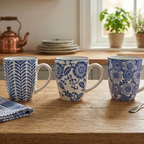 Sumatra Assorted Designs Blue And White Mugs Set Of 3 - Home Deco London