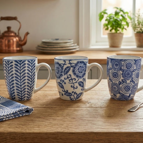 Sumatra Assorted Designs Blue And White Mugs Set Of 3 - Home Deco London