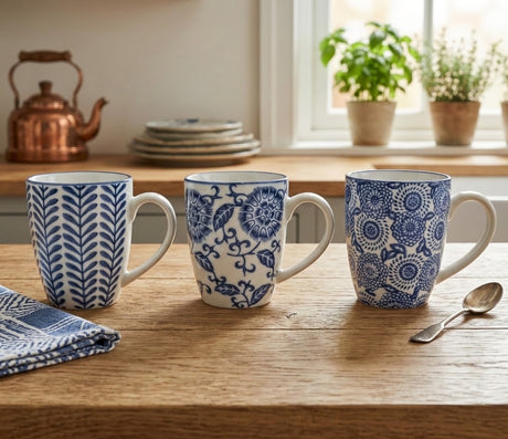 Sumatra Assorted Designs Blue And White Mugs Set Of 3 - Home Deco London