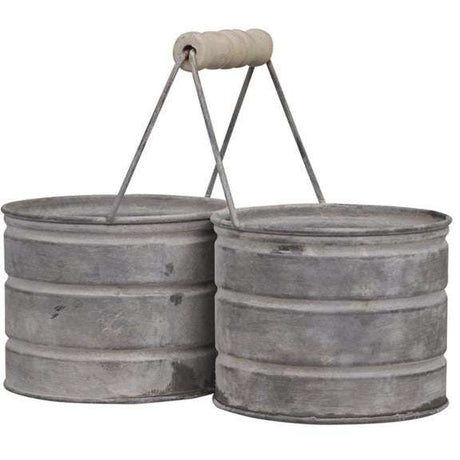 Aged Metal Flowerpot Set with 2 Holders - Antique Zinc, Waterproof Plant Display - Home Deco London