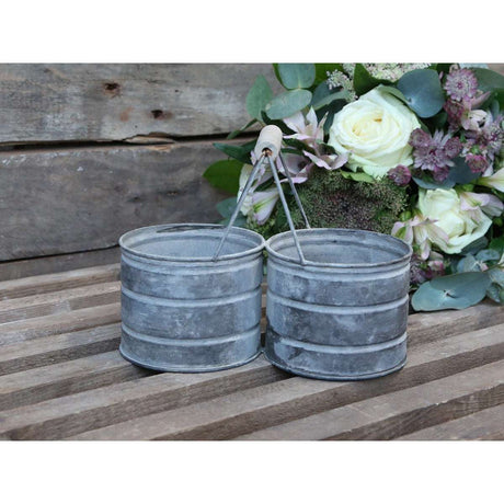 Aged Metal Flowerpot Set with 2 Holders - Antique Zinc, Waterproof Plant Display - Home Deco London