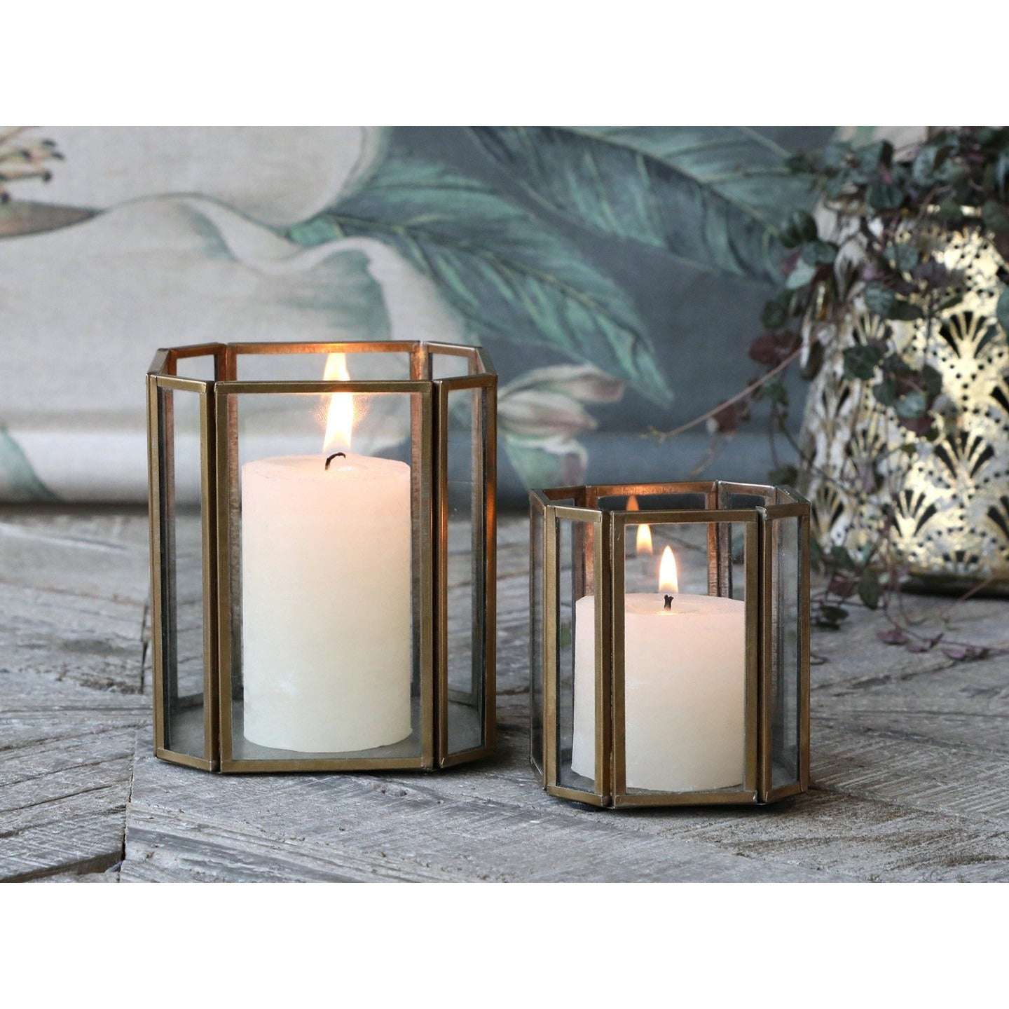 Antique Brass Hurricane Lantern - 8-Sided Glass Design, Perfect for 6cm Pillar Candles - Home Deco London