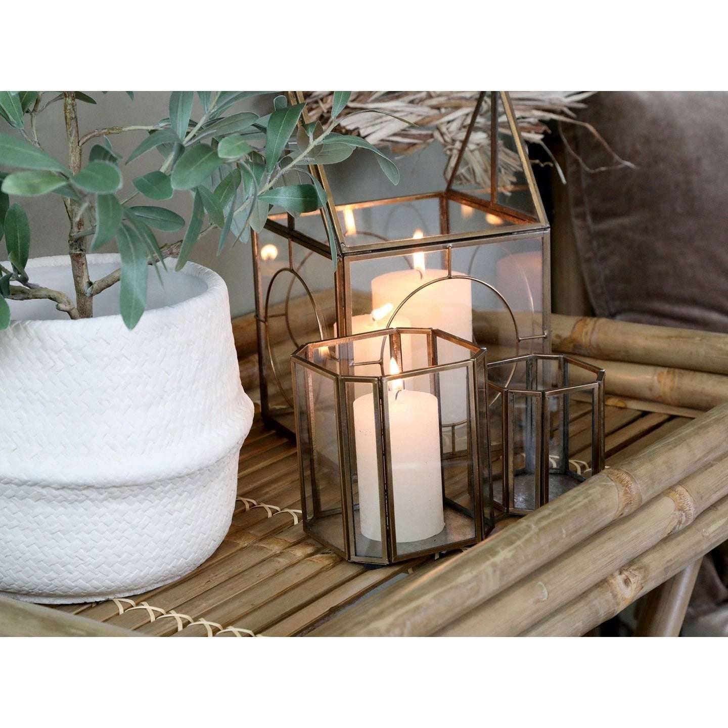 Antique Brass Hurricane Lantern - 8-Sided Glass Design, Perfect for 6cm Pillar Candles - Home Deco London