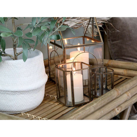 Antique Brass Hurricane Lantern - 8-Sided Glass Design, Perfect for 6cm Pillar Candles - Home Deco London