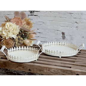 Antique Cream Serving Tray With Handles & Decorative Edge, Small Size - Home Deco London