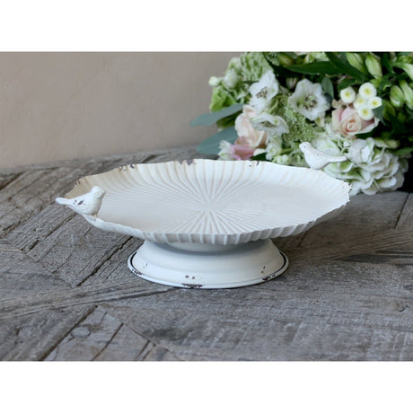 Antique Cream Vintage Birdbath with Pedestal Foot and Charming Bird Detail - Home Deco London