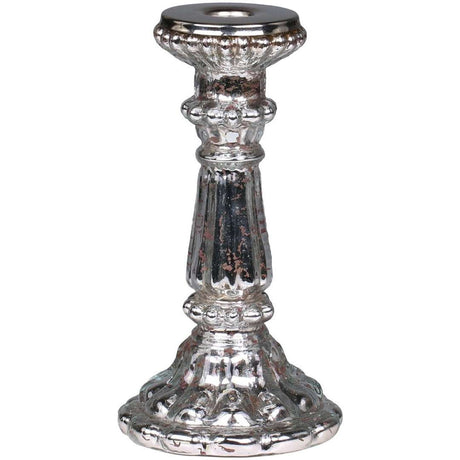 Antique Silver Candlestick with Elegant Pearl Edge Design - Glass Candle Holder, H20.5/D11cm - Home Deco London