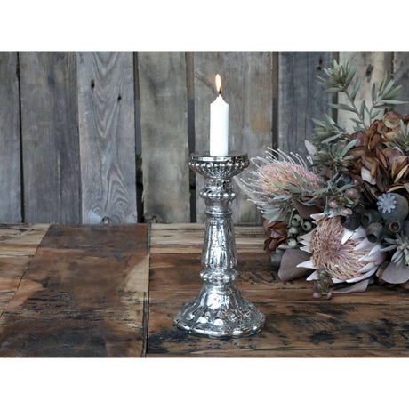 Antique Silver Candlestick with Elegant Pearl Edge Design - Glass Candle Holder, H20.5/D11cm - Home Deco London