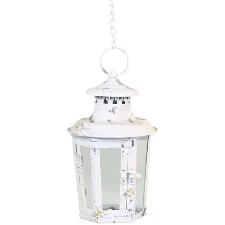 Antique Vintage White Hanging Lantern - Elegant Iron & Glass Design, H25/D15 cm - Home Deco London